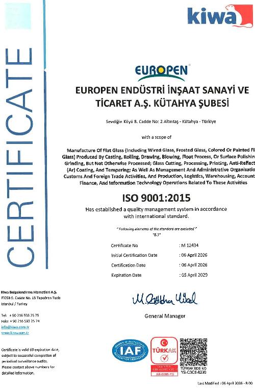 EUROPEN SOLAR GLASS FABRİKASI ISO 9001 SERTİFİKASI ENG