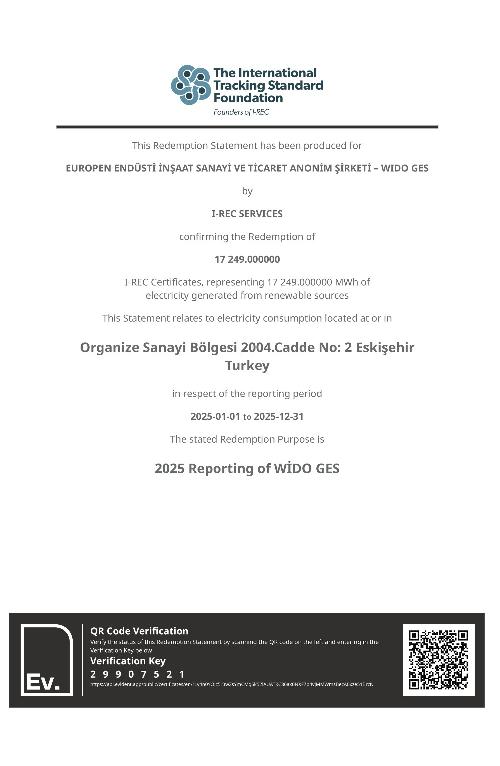 WIDO GES 2025 Yılı I-REC Sertifikası